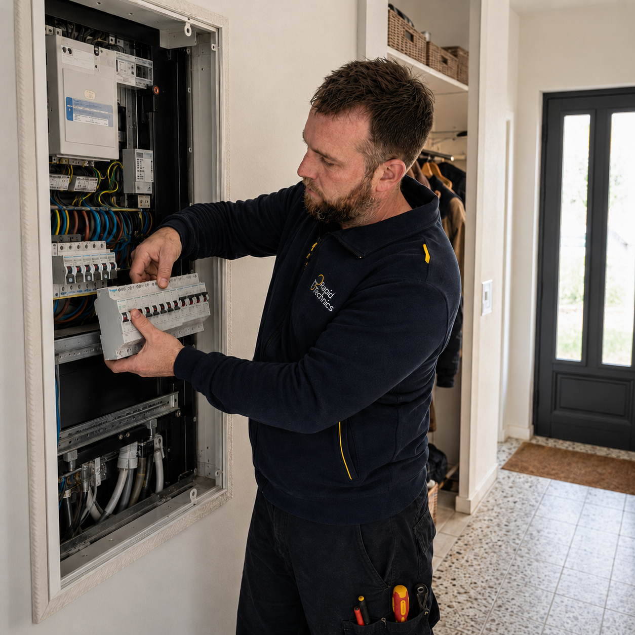 Elektricien van Rapid Technics aan het werk aan een zekeringkast